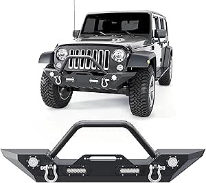‎ECOTRIC Front Bumper Compatible with 2007-2025 Wrangler Unlimited JL/JLU & Gladiator JT, 2007-2018 JK Front Bumper Rock Crawler Winch Plate W/Winch Plate & 2 18W LED Lights D-rings