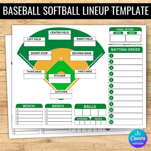 Editable Baseball Lineup,softball Lineup,baseball Chart Cards,baseball Field Position Sheet,batting Order Sheet,baseball Game Day,coach Gift - Etsy