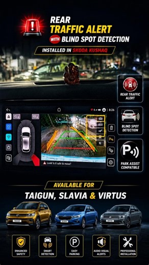 Rear traffic alert enabled by installing Blind Spot Detection in Skoda Kushaq!!