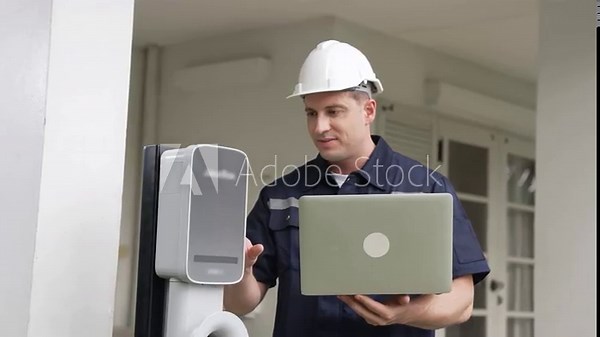 Qualified technician working on home EV charging station installation, making troubleshooting and configuration setup on charging system with laptop for EV at home. Fastidious