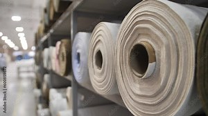 Textile factory. spinning of the fabric roll. A large warehouse of textile products and goods. Sewing or furniture production.