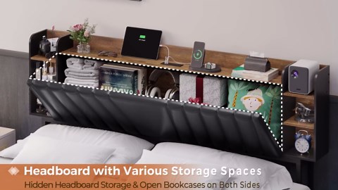 DICTAC Floating King Bed Frame with LED Lights and Hidden Storage Headboard King Size Platform Bed Frame with Charging Station and Upholstered Bookcase Headboard,No Box Spring Needed,Black+Rustic