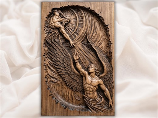 Fallen Angel STL | Heaven Rescue Carving | Spiritual Wall Art Decor | Engraved Wood Look | Archangel Relief Plaque | Biblical Relief Art