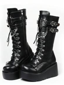 Goth Platform Boots For Women Back To School Punk Motorcycle Boots Mid Calf Round Toe Boots Back Zip Wedges Fall Boots