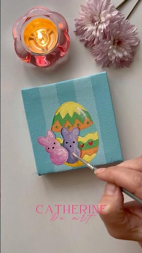 Tiny Easter painting 🐣Cute peeps and colorful Easter egg. Simple acrylic painting on a mini canvas