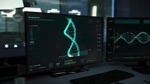 Genetic Research Laboratory Software Conducts Advanced Analysis Of Human DNA. Futuristic Genetic Research System Scanning Spiral DNA. Genetic Research Of Patients DNA Biology. Research Technology