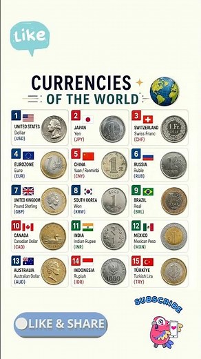World Currencies: Do You Know All 15? 🌍Ultimate Visual Guide to Global Money & Currencies! 🪙 #shorts