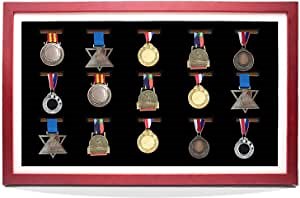 Medal Display Case, 15 Medal Display Frame, Perfect Medal Display for Runners, Marathon, RECE Winner, Soccer, Football, Gymnastics & All Sports(Red Wood)