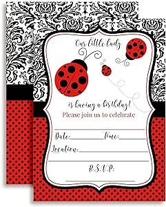 Red Polka Dot Ladybug Birthday Party Invitations for Girls, 20 5x7 Fill In Cards with Twenty White Envelopes by AmandaCreation