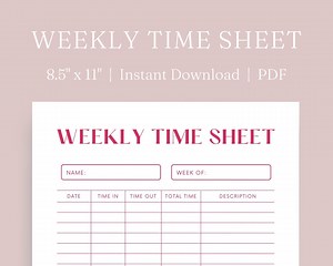 Weekly Time Sheet | Minimalist Time Sheet | Printable | Instant Download | Private Contractor | Office Resource | Hourly & Weekly Time Sheet - Etsy Australia