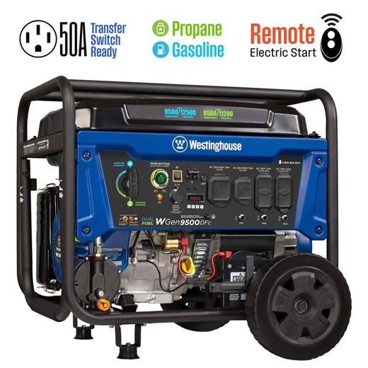 Check The Home Depot's Q&A Before Buying: Westinghouse 12,500/9,500-Watt Remote Electric Start Dual Fuel Gas and Propane Powered Portable Generator w/ 50 Amp Outlet, CO Sensor