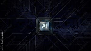 AI chipset on circuit board 3d video animation, artificial intelligence core technology concept