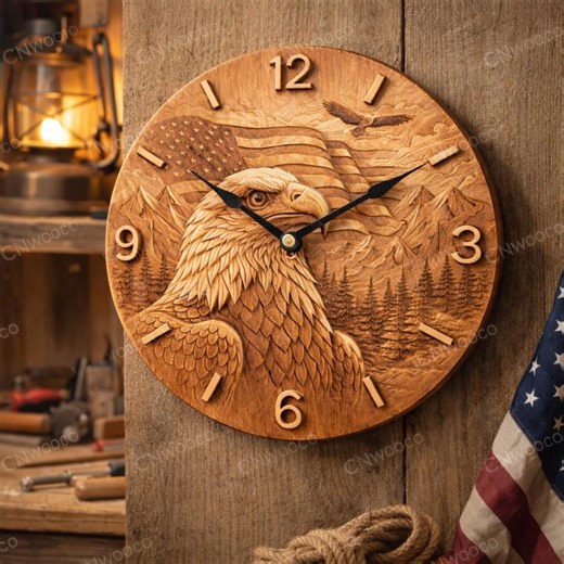 CNC File Clock Eagle Flag USA, Patriotic Wooden Bas-relief, American Wall Decoration, Clock Sculpture, 3D Engraving Model STL - Etsy