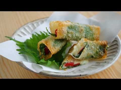 【余ったシュウマイの皮で♡大葉かにかまチーズ焼き】Shiso, Crab & Cheese Shumai Wrapper Rolls