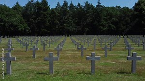 German military cemetery in Ysselsteyn, The Netherlands. Second World War Cemetery, Aerial low angle from right to left