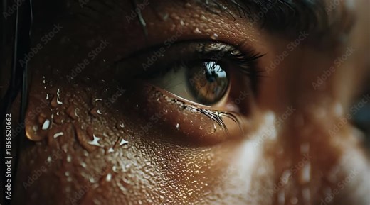 An intense and dramatic extreme close-up of a man's eye, with sweat and water dripping down his face, showing focus and determination