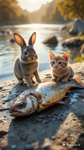 A rabbit and a kitten eat fish together#short#rabbit#cat#fish