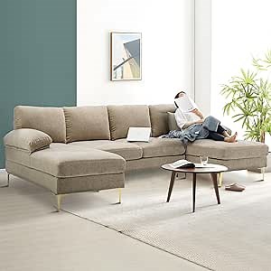 U-Shaped Sectional Sofa Comfy Couch for Living Room Set, 110 inches Wide Modern Large 4-Seat Couch Convertible Soft Velvet Couch Set with Double Chaise Lounge (Camel, Chenille Fabric)