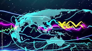 Dynamic Digital World Map with Currency Symbols, Representing Global Exchange and Digital Banking