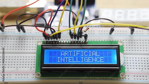 Electronic display with the inscription Artificial intelligence. Electrical components with a microcontroller and wires. Arduino prototype
