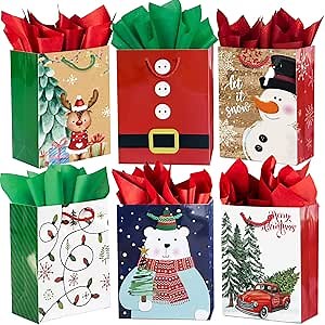 Party Funny 24 Small Christmas Gift Bags Bulk With Handles, 26 Tissue Paper and 60 Count Christmas Gift Tags Set-24 Assorted Designs Same Size Sacks Set For Wrapping Xmas Holiday Presents