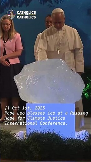 Pope Leo blesses a block of ice at Vatican climate change event