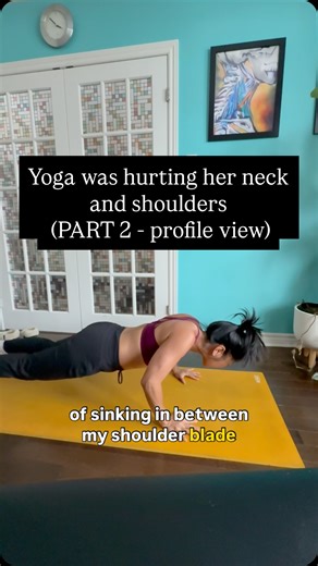 Tatianna | Movement & Mindfulness for Women 40+ on Instagram: "Why yoga could be making shoulder pain WORSE 😬 Awhile back I posted a bird’s eye view of this “winging” or “sagging” and “pencil pinching” of the shoulder blades during reverse push up. (Many clients come to me frustrated: having been going to yoga for months hoping to relieve tension head, neck, and shoulders, but instead feeling worse after every class.) Some asked for a profile view so here it is! In chaturanga (yoga push-up), sh