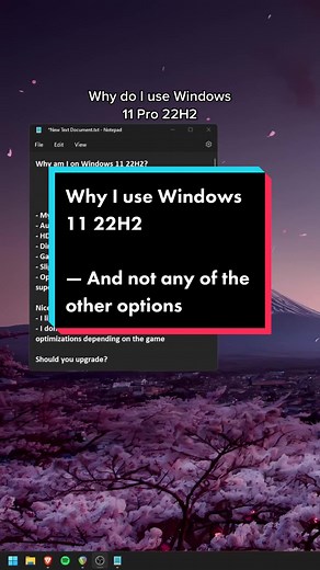 Why am I on Windows 11 22H2 and not on any other version of Windows? Why not 10 or a custom OS? My use case and preference doesn’t mean it’s what I would recommend others to use too. There’s always different reasons to why someone would like to set up their PC differently. And that’s fine. 😊 #windows10 #windows11 #techtok #technology #pcgaming #optimizepc #gamingpc #gaming #techtips