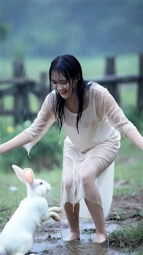 The happiness of a village girl playing with a rabbit under the drizzle #villagegirl #rabbit