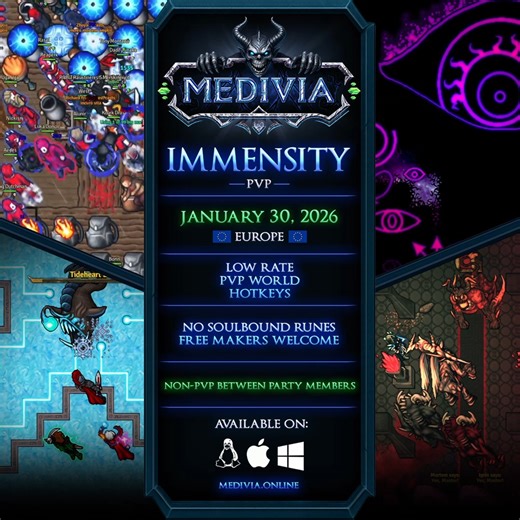 Medivia on Instagram: "Dear players We would like to announce a new world coming in the end of January which will be located in Europe, France. Immensity will inherit following features: Slow paced, Normal-PvP, hotkeys, normal experience, normal loot rate, normal skill rate, normal magic rate, normal regeneration rate. Immensity is scheduled to launch on 30th of January, 2026 at 20:00 CEST (10 hours after server save):"