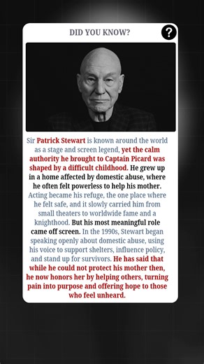 Sir Patrick Stewart is celebrated globally as a titan of the stage and screen, yet the commanding authority he brought to roles like Captain Picard was forged in a childhood defined by shadows. Growing up in a home marked by domestic violence, Patrick often felt a profound, crushing powerlessness as he witnessed his mother’s suffering. For decades, acting served as his sanctuary—the only place where he felt truly safe—carrying him from humble theaters to international stardom and an eventual kni