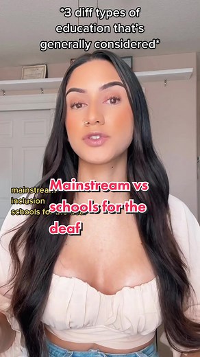 examples of 3 diff types - mainstream: attending a public school w/ hearing students. inclusion: attending a deaf ed program within a public school. residential deaf schools: a traditional program where majority of students are deaf and all classes are taught in sign language #deafnurse #ASL #signlanguage #mainstream #inclusion #FrunktheBeat