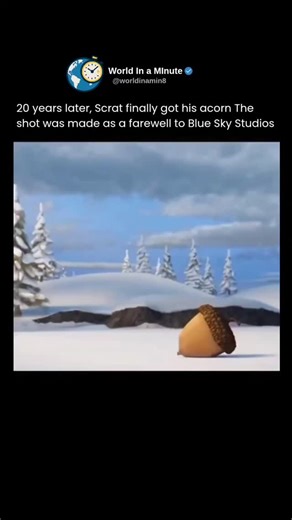 World in a minute on Instagram: "20 years later, Scrat finally gets his acorn-a bittersweet moment captured in a short farewell scene created by the animators of Blue Sky Studios before the studio officially shut down. Known for his endless, chaotic pursuit of the elusive acorn throughout the Ice Age franchise, Scrat's final success serves as a touching goodbye to fans and a heartfelt tribute from the artists who brought him to life. It's a quiet, full-circle moment marking the end of an era"