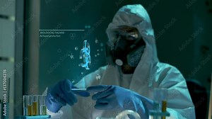 Bio engineer hold in arms and use virtual futuristic computer with transparent holographic interface. Rotating animated biohazard sign in laboratory. Experiments on modified bacteria, virus, gene and Stock Video