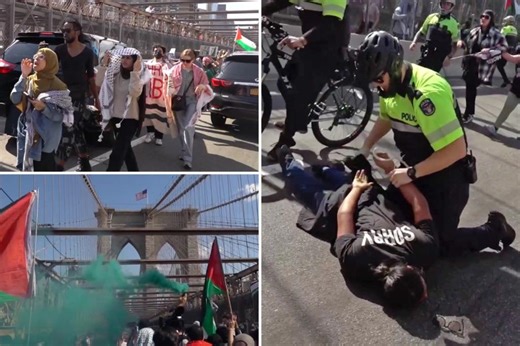 Hundreds of anti-Israeli protesters — some chanting ‘death to America’ while burning US flags — storm Brooklyn Bridge