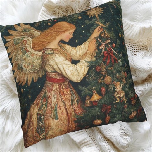 Christmas Angel Tree Pillow, William Morris Holiday Cushion, Vintage Angel Throw Pillow, Festive Pillowcase, Victorian Christmas Accent - Etsy