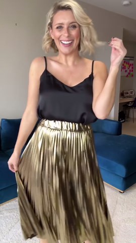 Brooke Falvey - Fashion stylist on Instagram: "Wondering how to wear a metallic pleated midi skirt? Here are three ways to get you started featuring the STUNNING Caitlin Pleated Skirt from @carolinalifestylelabel. Which is your favourite look? I was so excited when Caro sent me this skirt - it’s like liquid gold. And I already have a few other looks in mind so let me know if you want to see more ways to wear it. Look 1: Tamara Striped Jumper, Annabelle Sequin Loafers and Ramona Leather Handbag L