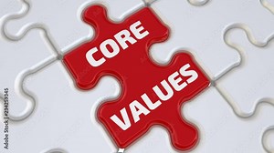 Core values. The inscription on the missing element of the puzzle. Folding white puzzles elements and one red with word CORE VALUES. Footage video