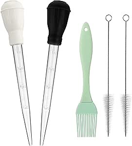 Boao 5 Pieces Nylon Heat-Resistant Turkey Baster Cooking Set Includes Meat Baster, 1 Silicone Basting Brush and 2 Cleaning Brush for BBQ Grill Baking Kitchen Cooking Thanksgiving(Black, White)