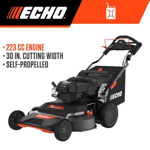 Check The Home Depot's Q&A Before Buying: ECHO 30 in. 223 CC Briggs and Stratton Gas 3-in-1 Dual Twin Blade RWD Self-Propelled Wide Area Lawn Mower with ReadyStart