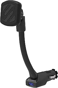 Scosche Magnetic Phone Mount for Car, USB Cigarette Lighter Adapter with Phone Holder, 12V Socket Plug-In, Adjustable Arm, Secure Magnet Grip, Built-In USB Charger for iPhone & Android, Not Magsafe