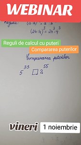 3.1K views · 77 reactions | ❗️WEBINAR VINERI , 1 NOIEMBRIE orele 10-12 - Puteri , reguli de calcul cu puteri! • Înscrierile se fac la numărul de telefon afisat ! ✅️Telefon : 0733 225 859 #lumeamatematicii #clasaa5a #mate #matematica #homeschool #metodaalgebrica #algebra #claseleprimare #meditatiimatematica #lumeamatematicii #homeschool #mate #maths #matematicastiktok #mumsoftiktok #mum | Lumea Matematicii | Facebook