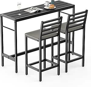 Outdoor Patio Bar Set, 50IN Rectangular Counter Height High Top Bar Tables, 3 Piece 2 Cushioned 41" Bar Stools, Metal Bar Table and Chairs Set for Poolside, Balcony, Backyard, Porch