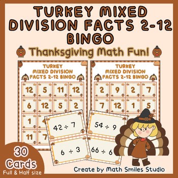 Turkey Mixed Division Facts 2–12 Bingo | Thanksgiving Math Game 3rd - 4th Grade