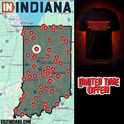 Indiana Beach Amusement Park on Instagram: "We’ve officially been added to the Visit Indiana Stranger Things map — what a wild, fun week this has been. Huge shoutout to Visit Indiana for the love and for celebrating Indiana moments like this. Our Indiana Beach Strange Tees are running low on stock, so if you’ve been thinking about grabbing one, now’s the time. The finale starts in 30 minutes… How do you think it ends?"