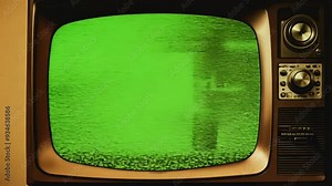 Retro TV Set with Green Screen Background and Sepia Tone Static