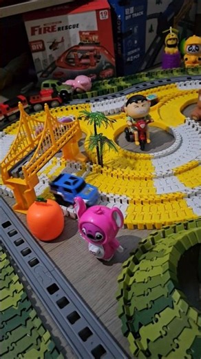 Shinchan dragged far by a toy car