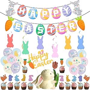 50 PCS Easter Party Decorations, HAPPY EASTER Decoration Easter Party Decorations Set Egg Bunny Banner Cake Toppers Easter Party Supplies (Classic)…