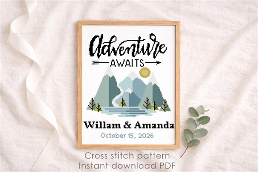 Modern Wedding Cross Stitch Pattern, Nature Landscape Sampler PDF, Personalized Names Date, Minimal Rustic Love Gift - Etsy