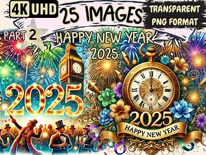 Happy New Year 2025 Clipart – 25 Festive PNG Illustrations (digital Download) - Etsy
